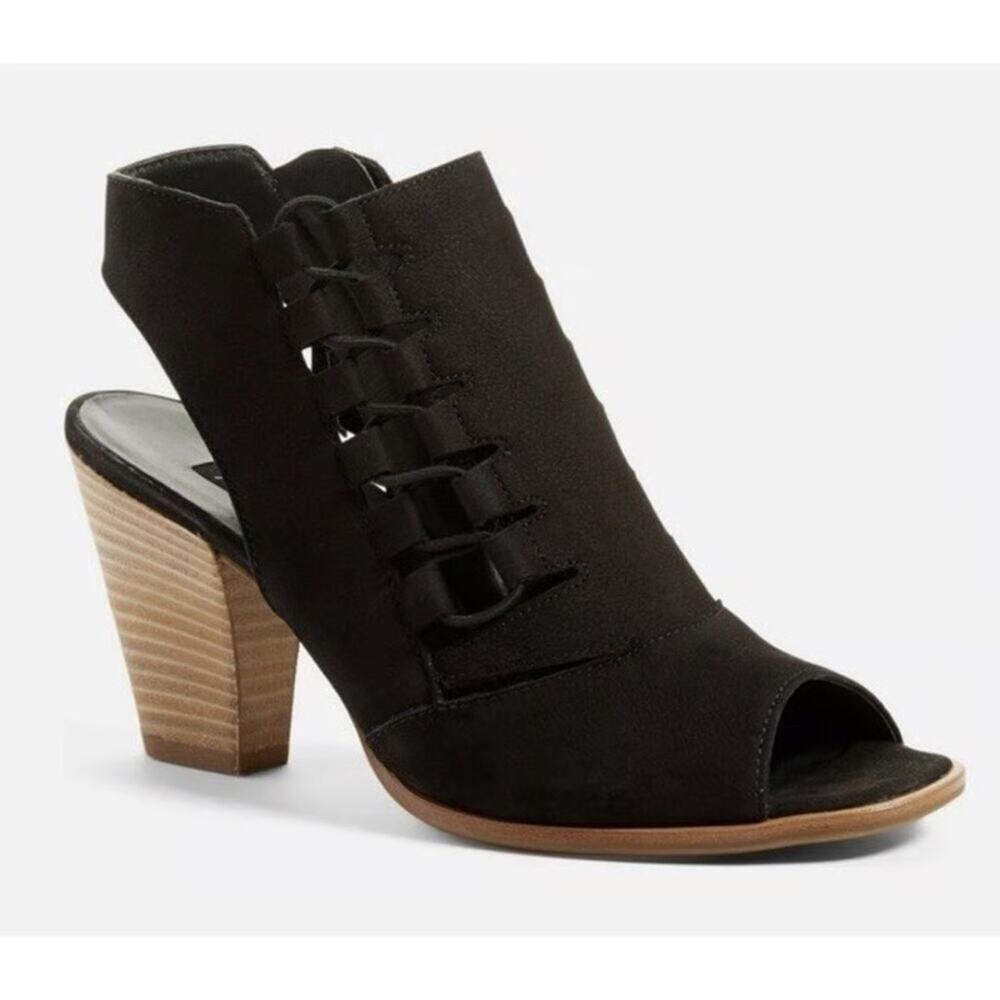 Paul Green Mindy Peep Toe Heeled Booties Black Leather Side Zip Size 9